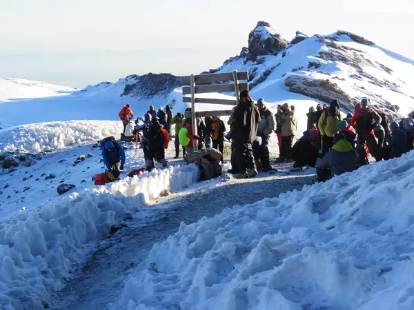 Climbers chilling during 7 days Machame route Kilimanjaro climbing tour